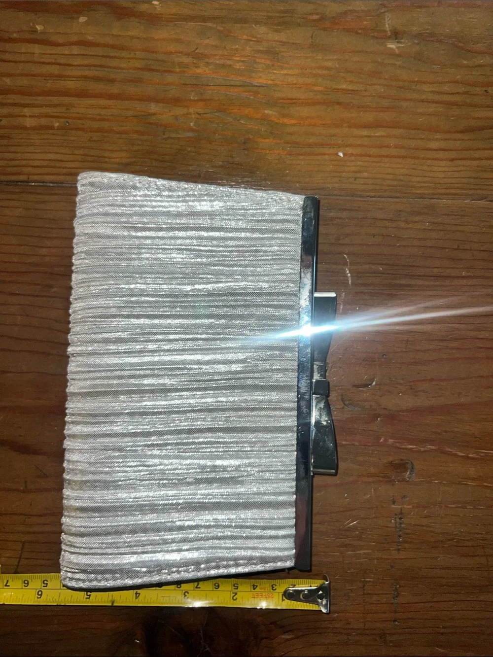 Vintage Metallic Silver Pleated Evening Clutch with Bow Clasp